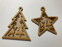 Laser Cut, 2 layer Christmas Ornaments, unfinished, unpainted, burn shaded