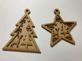 Laser Cut, 2 layer Christmas Ornaments, unfinished, unpainted, burn shaded