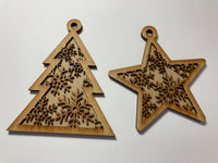 Laser Cut, 2 layer Christmas Ornaments, unfinished, unpainted, burn shaded