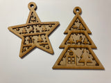 Laser Cut, 2 layer Christmas Ornaments, unfinished, unpainted, burn shaded