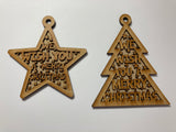 Laser Cut, 2 layer Christmas Ornaments, unfinished, unpainted, burn shaded