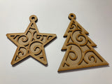 Laser Cut, 2 layer Christmas Ornaments, unfinished, unpainted, burn shaded