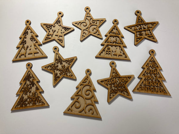 Laser Cut, 2 layer Christmas Ornaments, unfinished, unpainted, burn shaded